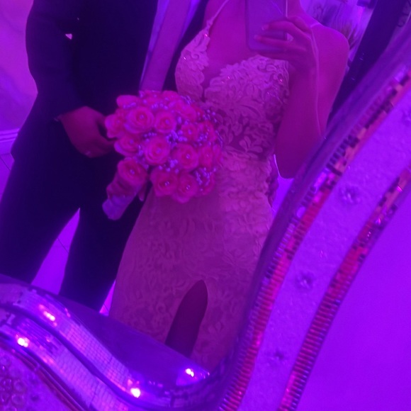 NWT La Femme Gorgeous Pale Yellow Sexy Rhinestone Encrusted Lace Hi Slit Gown 4 - Picture 15 of 15